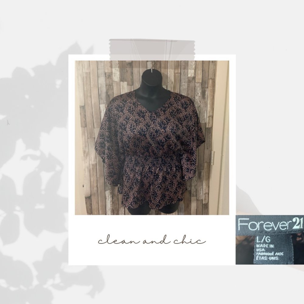 Pink Leaf Printed Polyester Shirred Waist Blouse